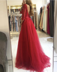 Tulle Prom Split Dresses With Lace Sleeves