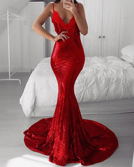 Sequin Mermaid Prom Dresses Appliques V Neck Open Back
