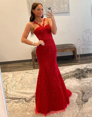 Red Mermaid Spaghetti Straps Long Prom Dress