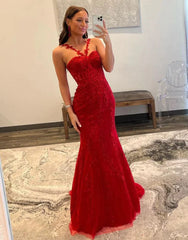 Red Mermaid Spaghetti Straps Long Prom Dress