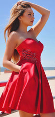 Red Soft Satin Sweetheart Strapless With Bow Applique Pockets Homecoming Dresses,BD0207