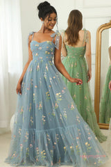 Embroidery Tulle Green Sweetheart A Line Prom Dress