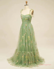 Embroidery Tulle Green Sweetheart A Line Prom Dress