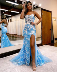 Blue Mermaid Cut Out Prom Dress With Appliques