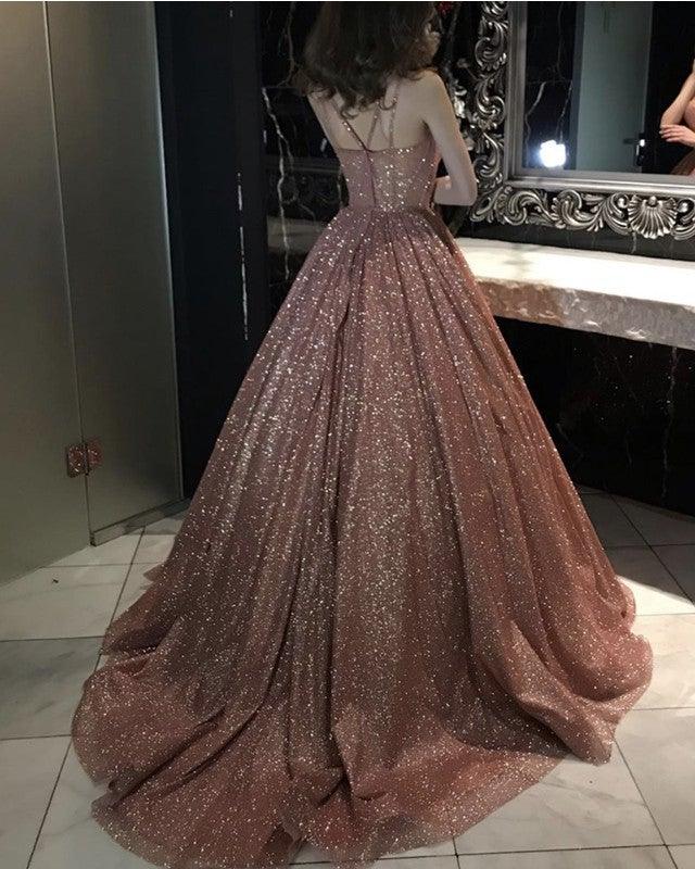 Rose Gold Sparkly Ball Gown Dresses Cross Neck - RongMoon