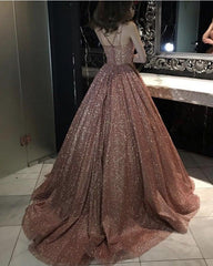 Rose Gold Sparkly Ball Gown Dresses Cross Neck - RongMoon