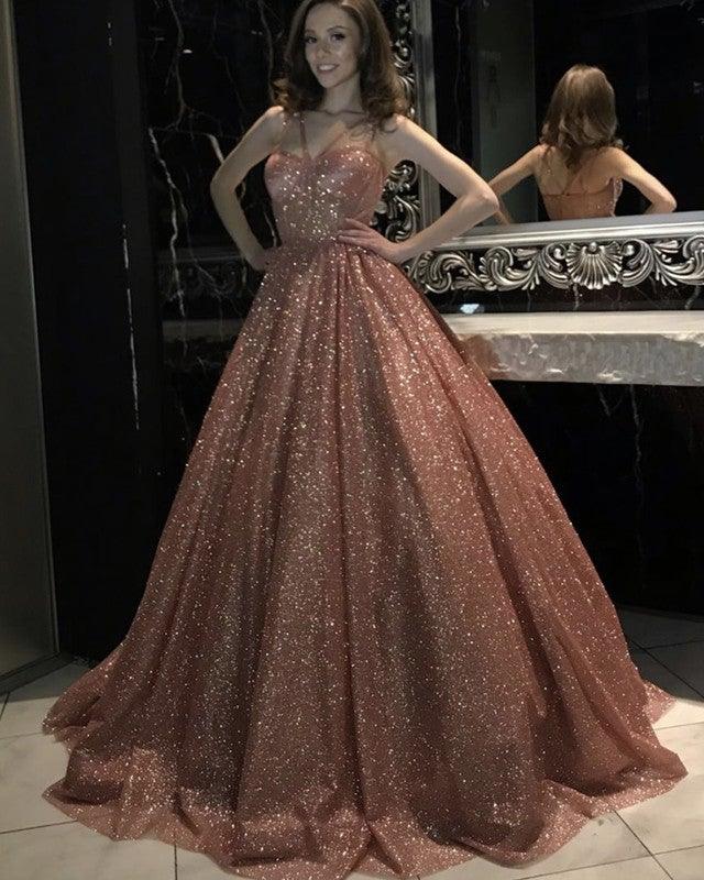 Rose Gold Sparkly Ball Gown Dresses Cross Neck - RongMoon