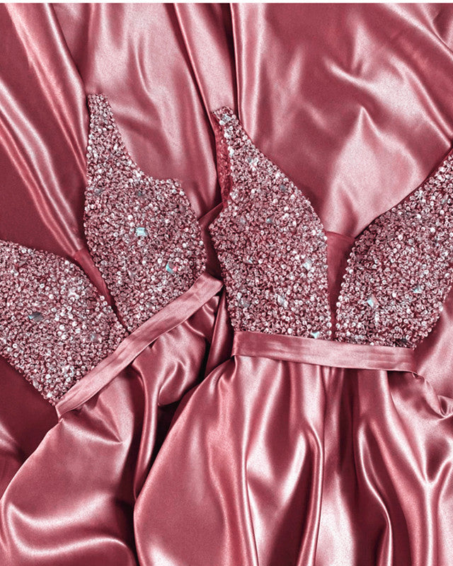 Plunge Neck Beaded Satin Dresses