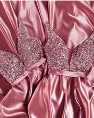 Plunge Neck Beaded Satin Dresses