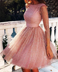 Sparkle Tulle Sequin Backless Homecoming Dresses With Sleeves
