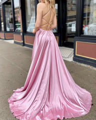 Rose Pink Prom Dresses Long Open Back With Pockets