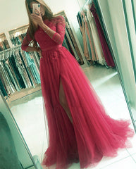 Tulle Prom Split Dresses With Lace Sleeves
