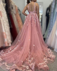 Rose Pink Tulle Prom Dresses Appliques