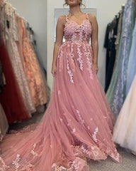 Rose Pink Tulle Prom Dresses Appliques