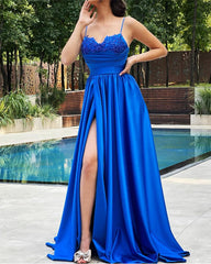 Long Satin Prom Dresses Appliques High Slit