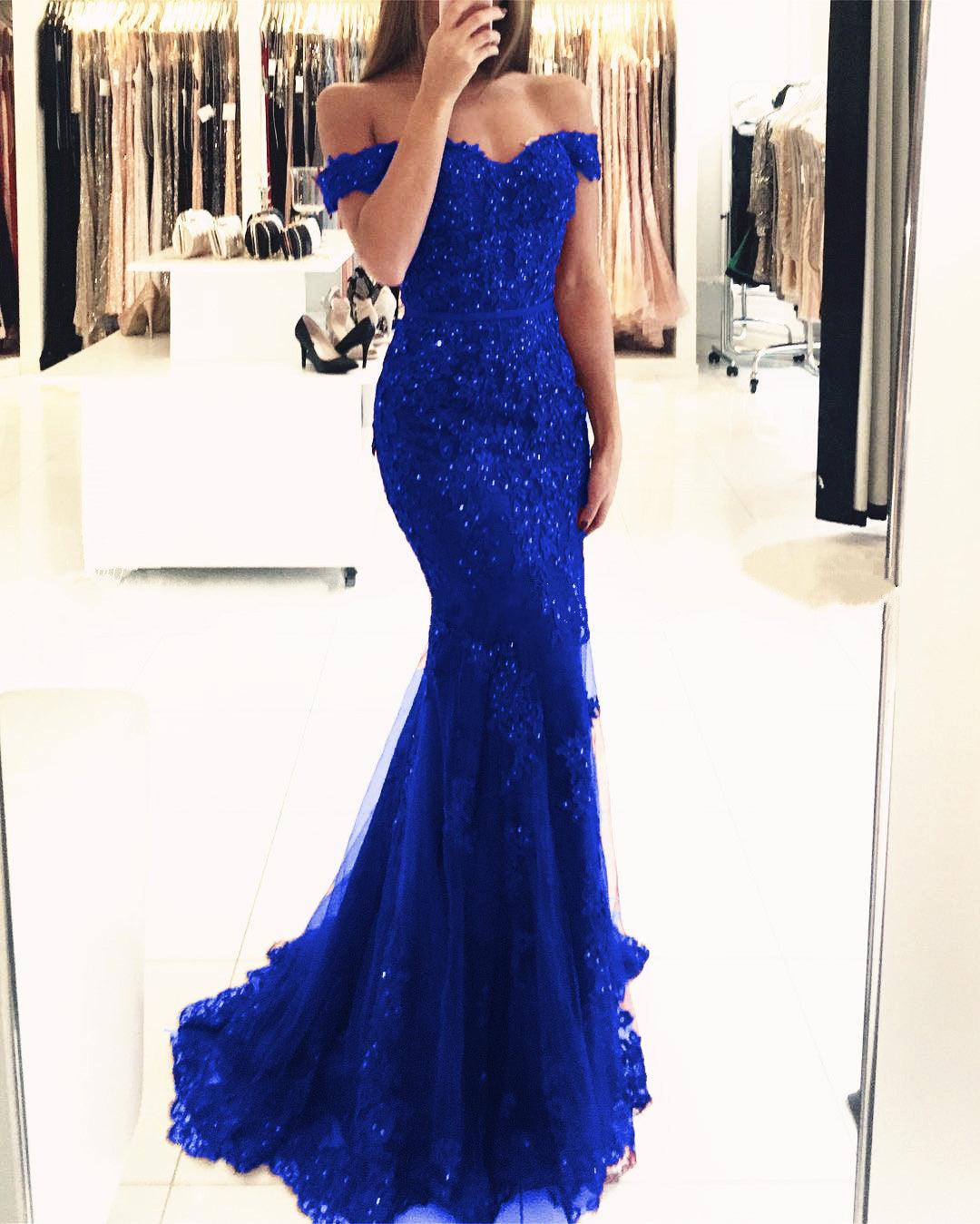 Elegant Pearl Beaded Lace Mermaid Evening Dresses Off The Shoulder Prom Gowns - RongMoon