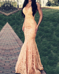 Mermaid Lace Appliques V Neck Prom Dresses