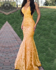 Mermaid Lace Appliques V Neck Prom Dresses