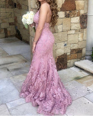 Mermaid Lace Appliques V Neck Prom Dresses