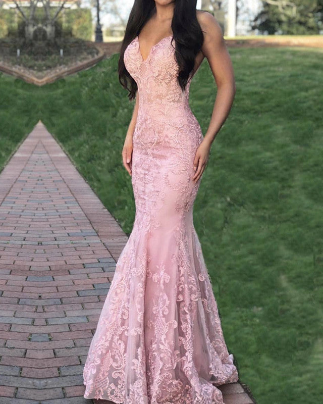 Mermaid Lace Appliques V Neck Prom Dresses