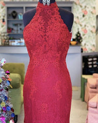 Halter Open Back Lace Mermaid Prom Dresses