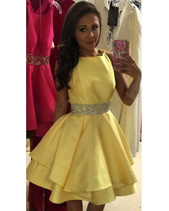 Short Homecoming Dresses Beaded Sashes Ruffles Hem