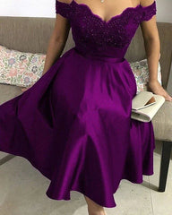 Tea Length Bridesmaid Dresses Lace Appliques Off Shoulder - RongMoon