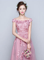 Awesome A-line Off-the-shoulder Lace Applique Lace-up Floor-length Tulle Evening Dresses