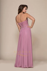 A-line/Princess Strapless Beading Long Formal Prom Dresses with Lace Applique