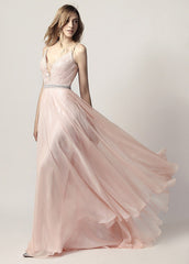 A-Line/Princess V-neck Court Train Chiffon Bridesmaid Dress With Beading