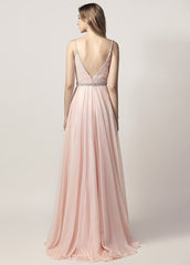 A-Line/Princess V-neck Court Train Chiffon Bridesmaid Dress With Beading