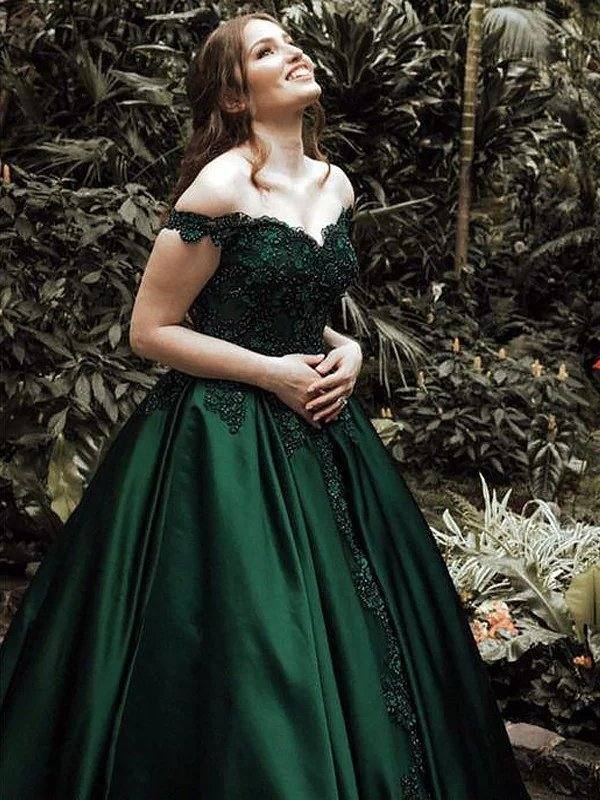 Ball Gown Off-the-Shoulder Sleeveless Floor-Length Lace Satin Dresses - RongMoon