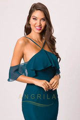 Sheath/Column Chiffon Prom Dress with a Lightly Frilled on the Collar and Sleeve