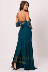 Sheath/Column Chiffon Prom Dress with a Lightly Frilled on the Collar and Sleeve