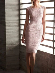 Two Piece Sheath / Column Mother of the Bride Dress Elegant Jewel Neck Knee Length Satin 3/4 Length Sleeve with Beading Appliques - RongMoon