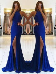 Sheath Halter Sleeveless Sweep/Brush Train With Ruffles Jersey Dresses - RongMoon