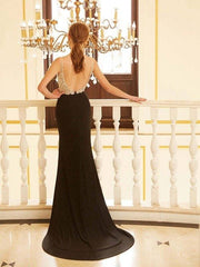Sheath/Column V-neck Beading Sleeveless Sweep/Brush Train Spandex Dresses - RongMoon