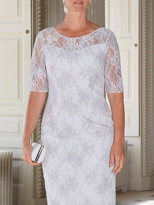 Sheath / Column Mother of the Bride Dress Elegant Jewel Neck Knee Length Lace 3/4 Length Sleeve with Appliques - RongMoon
