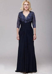 Navy Blue Mother Of The Bride Dresses A-line V-neck 3/4 Sleeves Chiffon Lace Beaded Groom Long Mother Dresses For Wedding - RongMoon