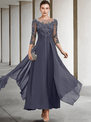 A-Line Mother of the Bride Dress Wedding Guest Plus Size Elegant Jewel Neck Ankle Length Chiffon Lace - RongMoon