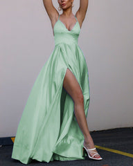 Spaghetti Straps V Neck Slit Satin Dresses