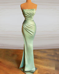 Strapless Split Appliques Sheath Satin Dress