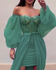 Puffy Sleeve Sage Green Tulle Corset Dress