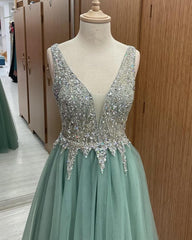 Sage Green Tulle V Neck Beaded Dresses