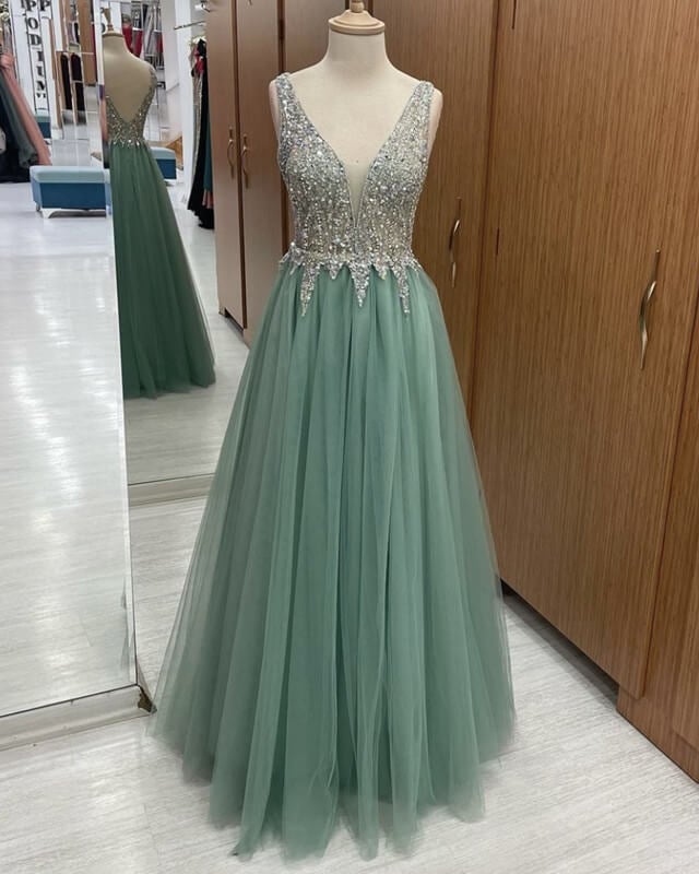 Sage Green Tulle V Neck Beaded Dresses