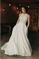 Crew Neck A Line Button Up Satin Pockets Wedding Dress