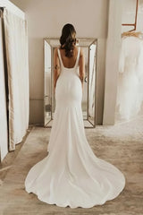 Open Back Satin Mermaid Square Neck Backless Wedding Dress