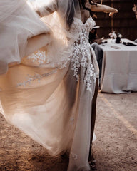 Boho Wedding Dresses Tulle See Through Corset Leg Split