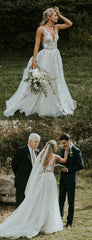 See Through Lace Ivory Tulle V-neck V-back Beach Wedding Dresses,DB0160