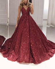 Black Sequin Ball Gown Prom Dresses V Neck Floor Length